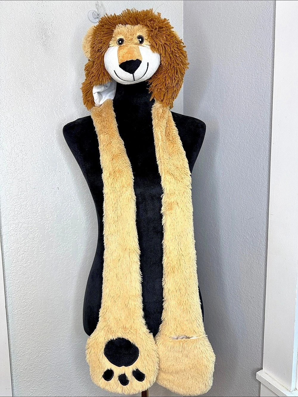 Plush Lion Hat Scarf with Paw Hand Pockets Teen Adult Furry Costume Halloween